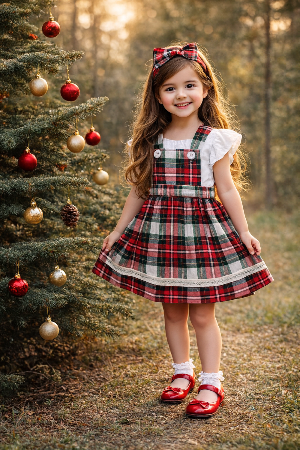 Smiling little girl wearing red tartan party frock with white blouse, matching hair bow, posing beside decorated Christmas tree outdoors.