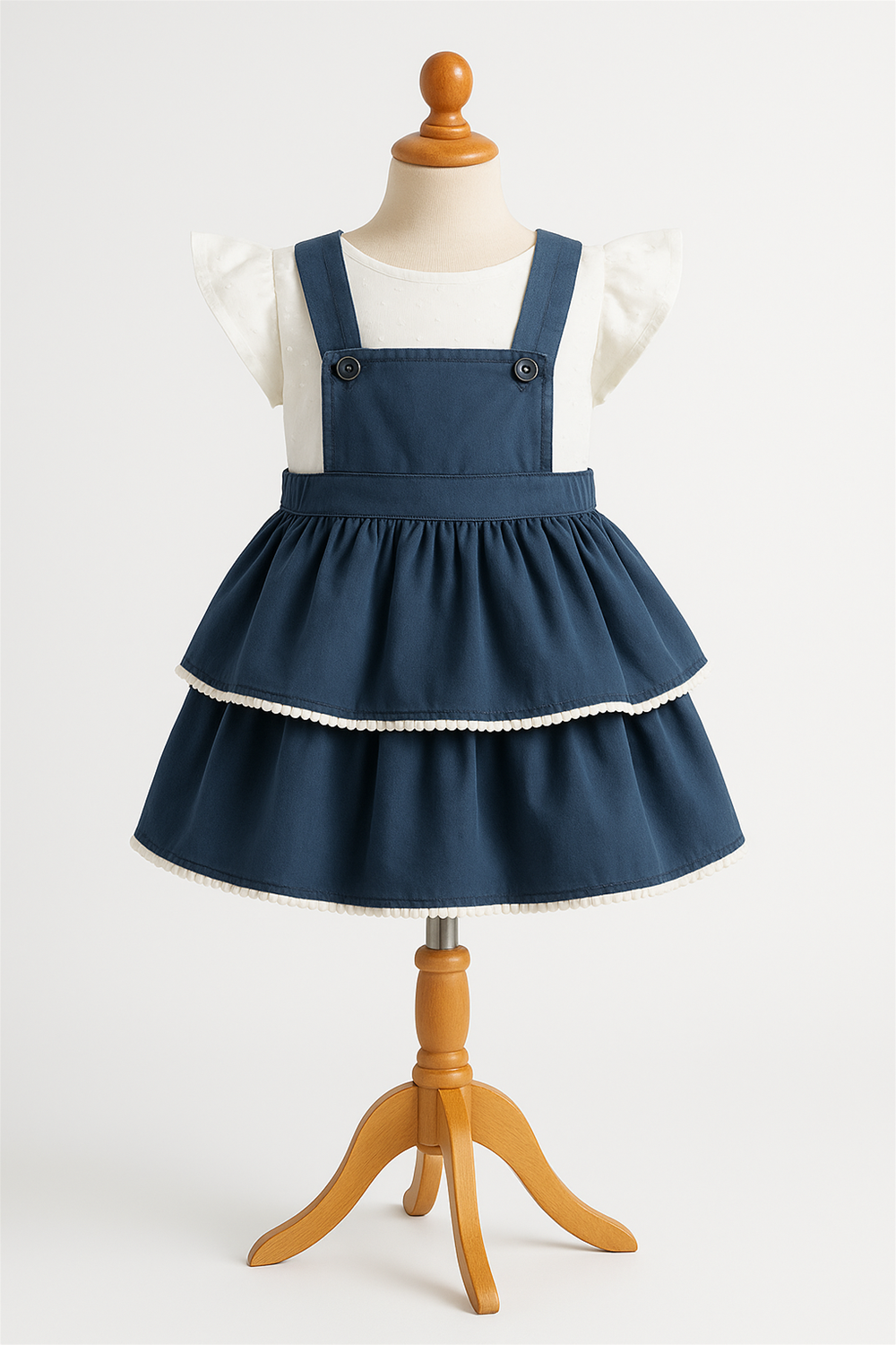 A baby girl's outfit featuring a white inner paired with blue Pinafore, designed for comfort and style.