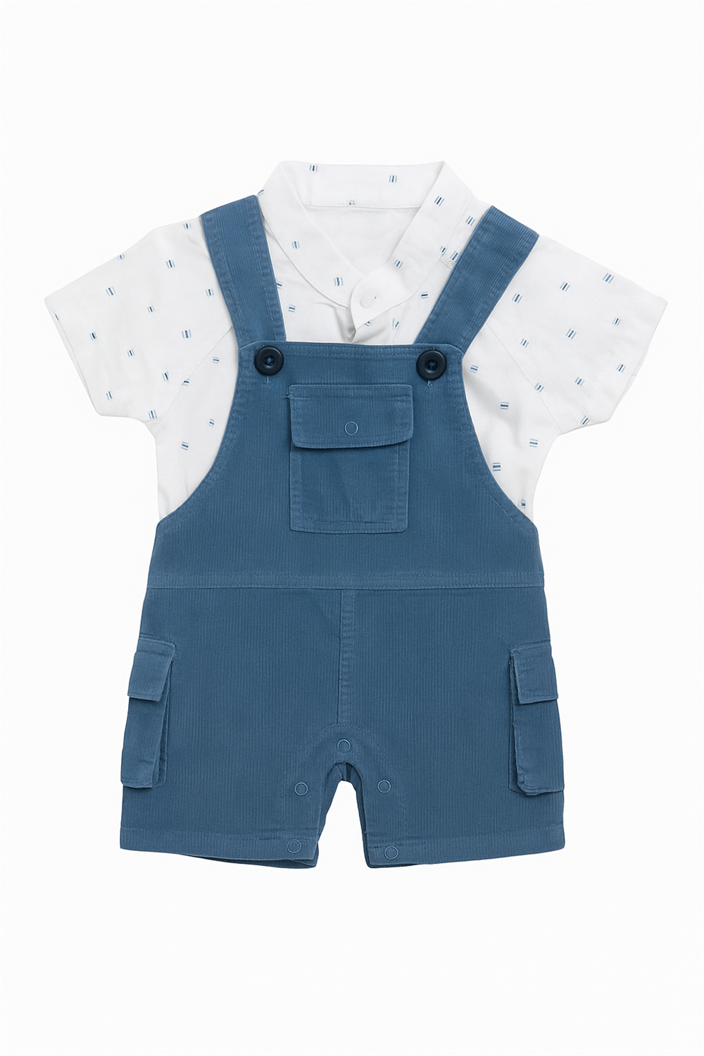 Baby boy's baby boy Wearing steel blue corduroy dungaree paired with a light-colored shirt, perfect for a stylish and comfortable look.