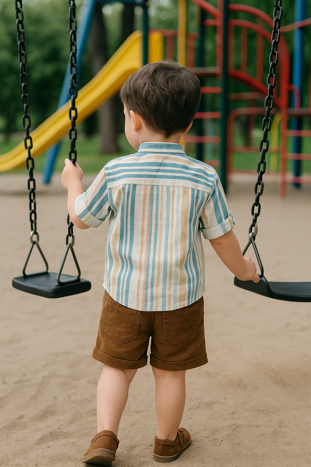 Back view of toddler in striped pastel shirt and brown corduroy shorts holding playground swing, surrounded by colorful equipment.