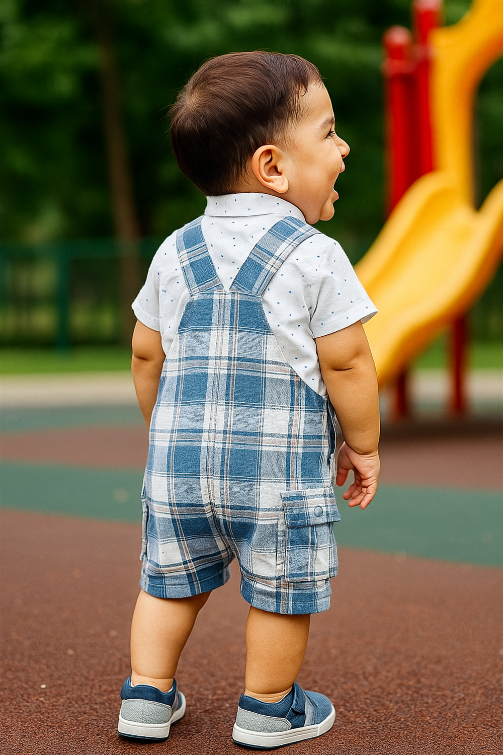 Back view of a young boy wearing Blue cotton check dungaree stands on a playground, surrounded by colorful play equipment and grass.