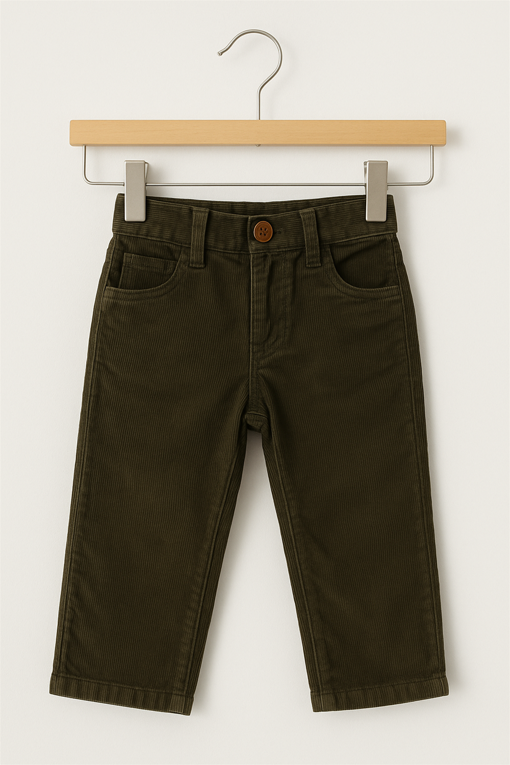 A pair of toddler boys’ corduroy pants in dark olive green, displayed on a wooden hanger against a plain white background. The pants have a front button closure, belt loops, and two front pockets with a fine ribbed corduroy texture, offering a clean and stylish look for kidswear product display.