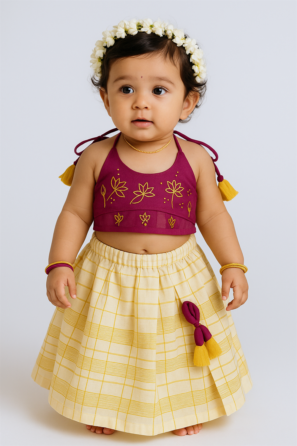 A smiling baby girl in the same festive outfit, captured in a decorated setting with lights and a floral rangoli behind.