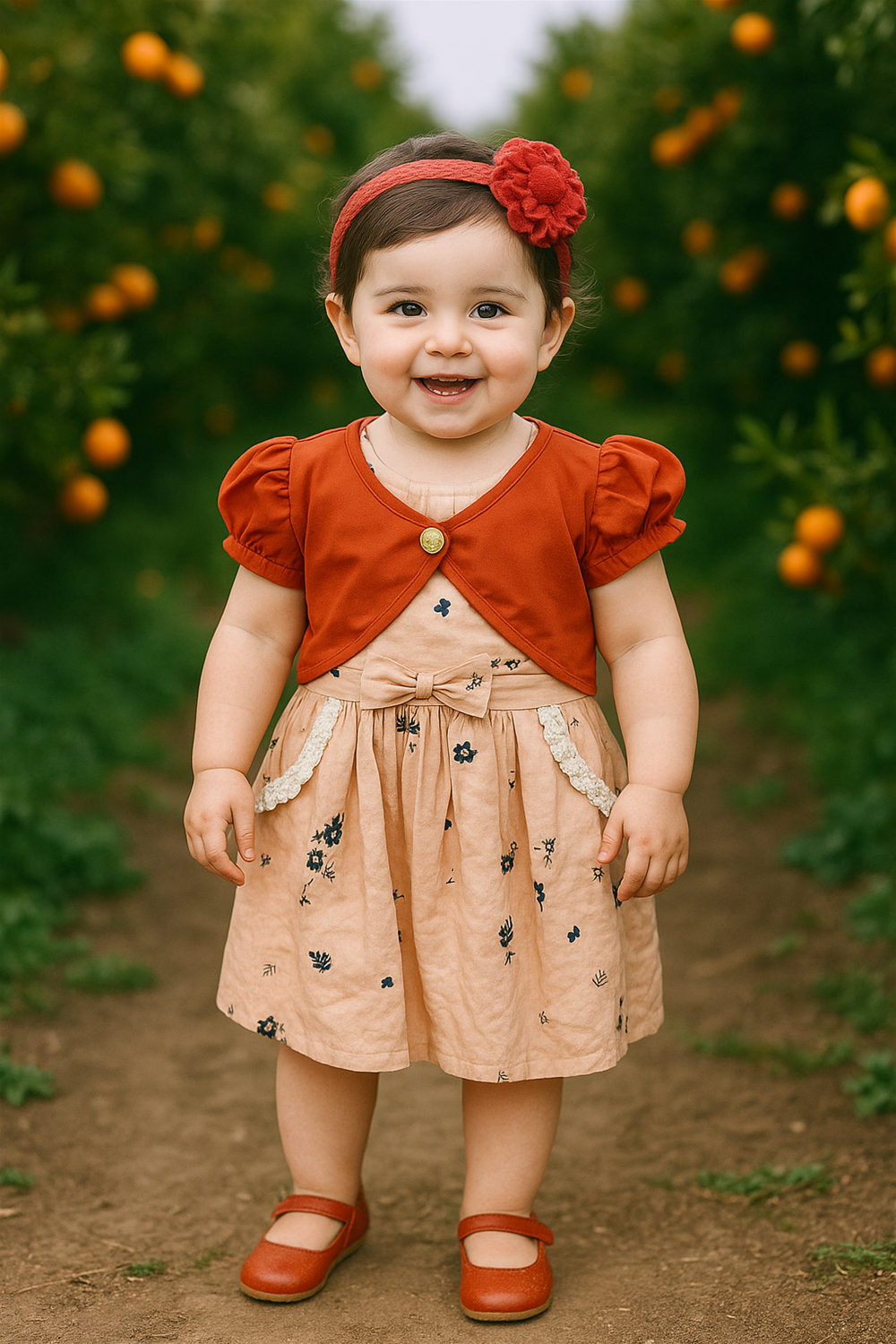 A baby girl in an orange dress stands in front of a vibrant orange grove, surrounded by lush green leaves and fruit.