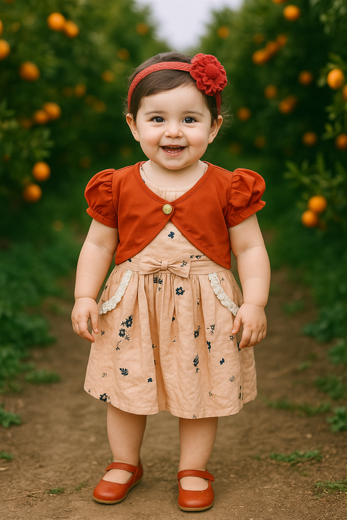 A baby girl in an orange dress stands in front of a vibrant orange grove, surrounded by lush green leaves and fruit.