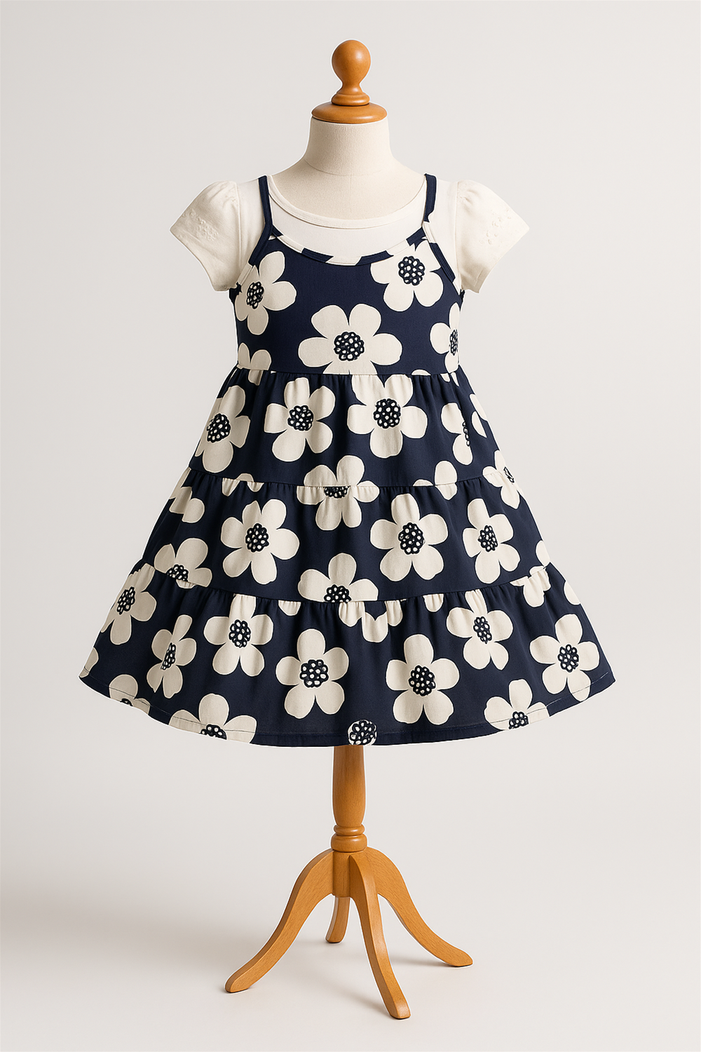 A black and white dress in a foam mannequin. 