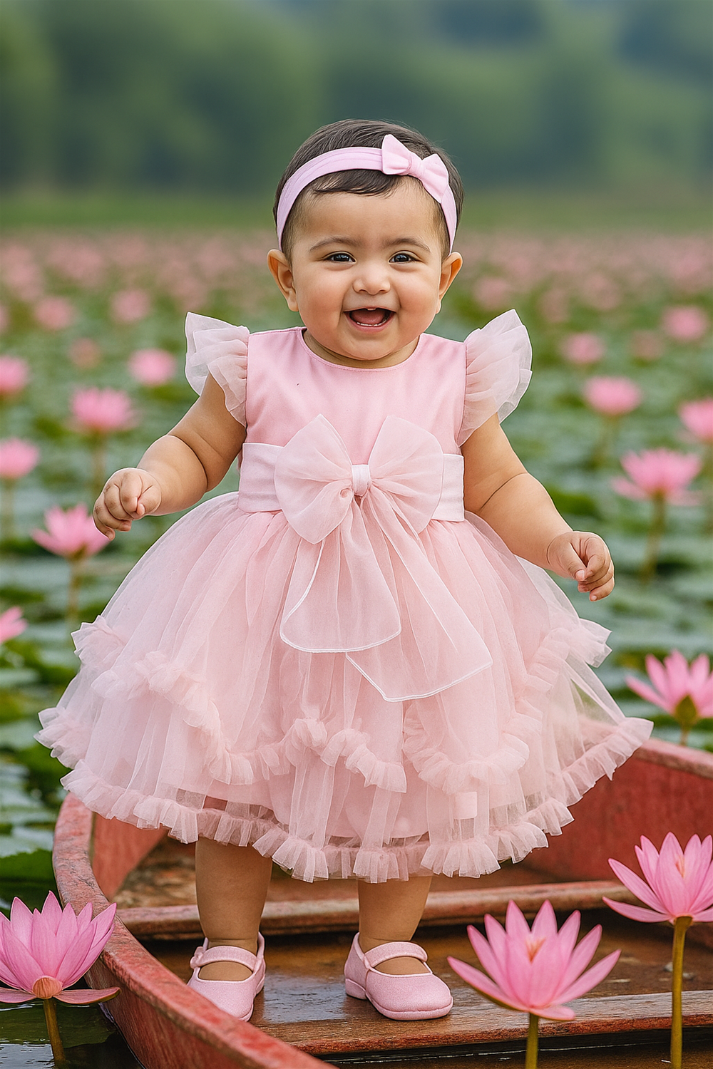 A Baby girl in a pink birthday dress with matching hair band stands in a boat surrounded by water lotus.