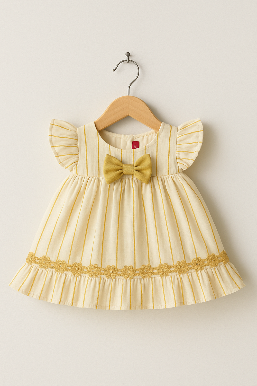 Front view of the same baby dress with vertical stripes, a golden bow at neckline, floral lace hem, displayed on hanger.