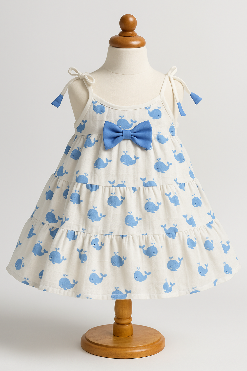 A sleeveless baby dress with a cute blue whale print and a matching blue bow is elegantly displayed on a wooden-base mannequin. The dress features tiered layers and tied shoulder straps, perfect for a playful and charming look.