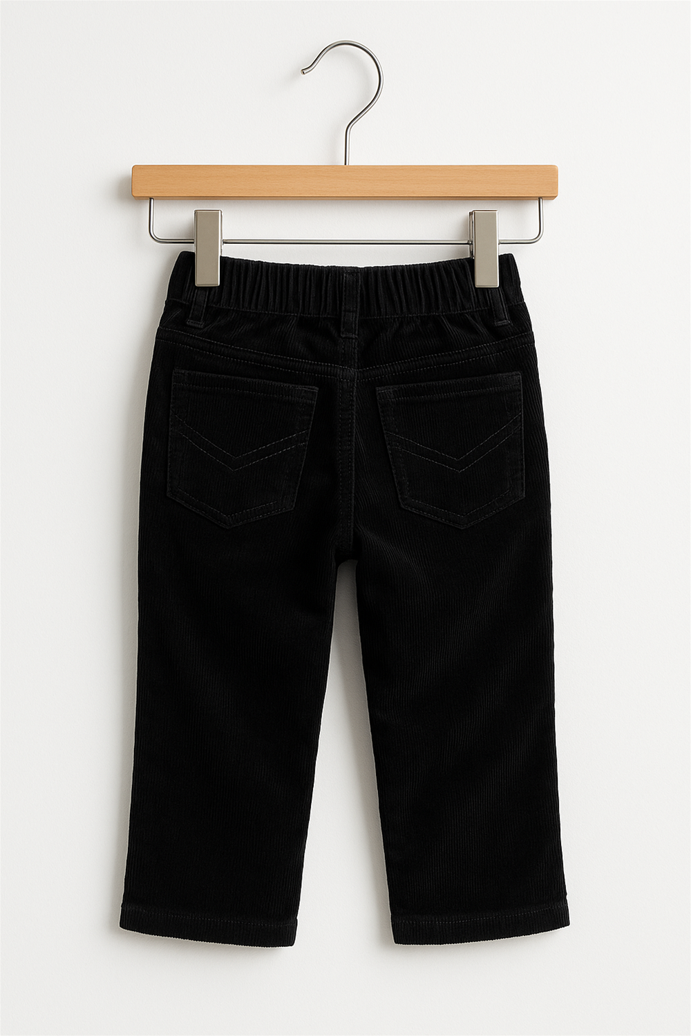 A Dark Black corduroy Pants , Ideal for casual wear. In Wooden hanger back side view.