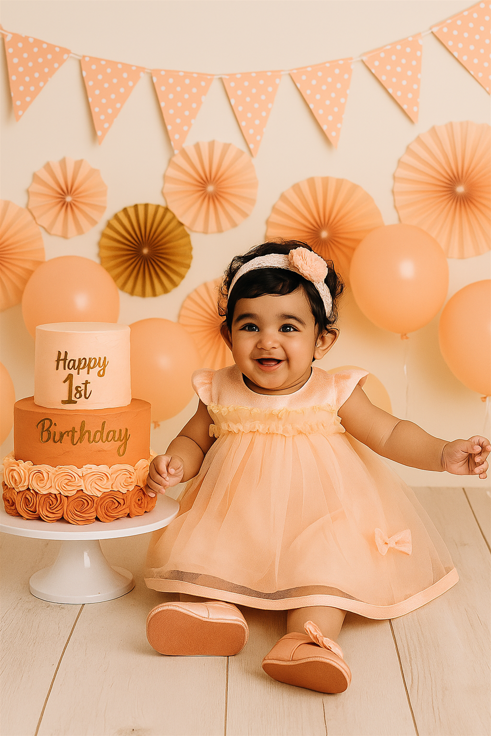 A young child in an Peach dress sits beside a beautifully decorated birthday cake and balloons, celebrating their first birthday.