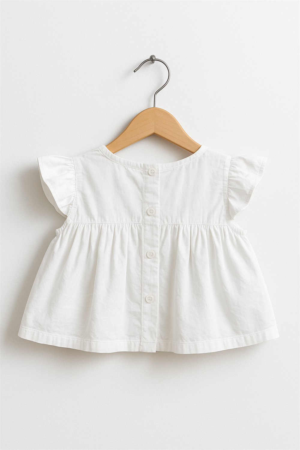 Back view of a white baby top on a hanger, button-down closure with flutter sleeves and gathered pleated detailing.