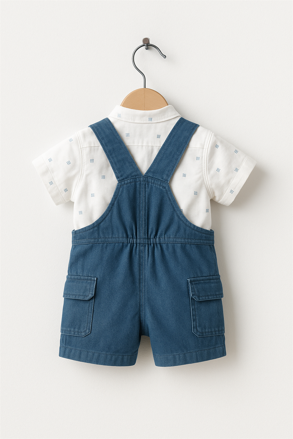 Baby boy's baby boy Wearing steel blue corduroy dungaree paired with a light-colored shirt, perfect for a stylish and comfortable look. It's back side view.