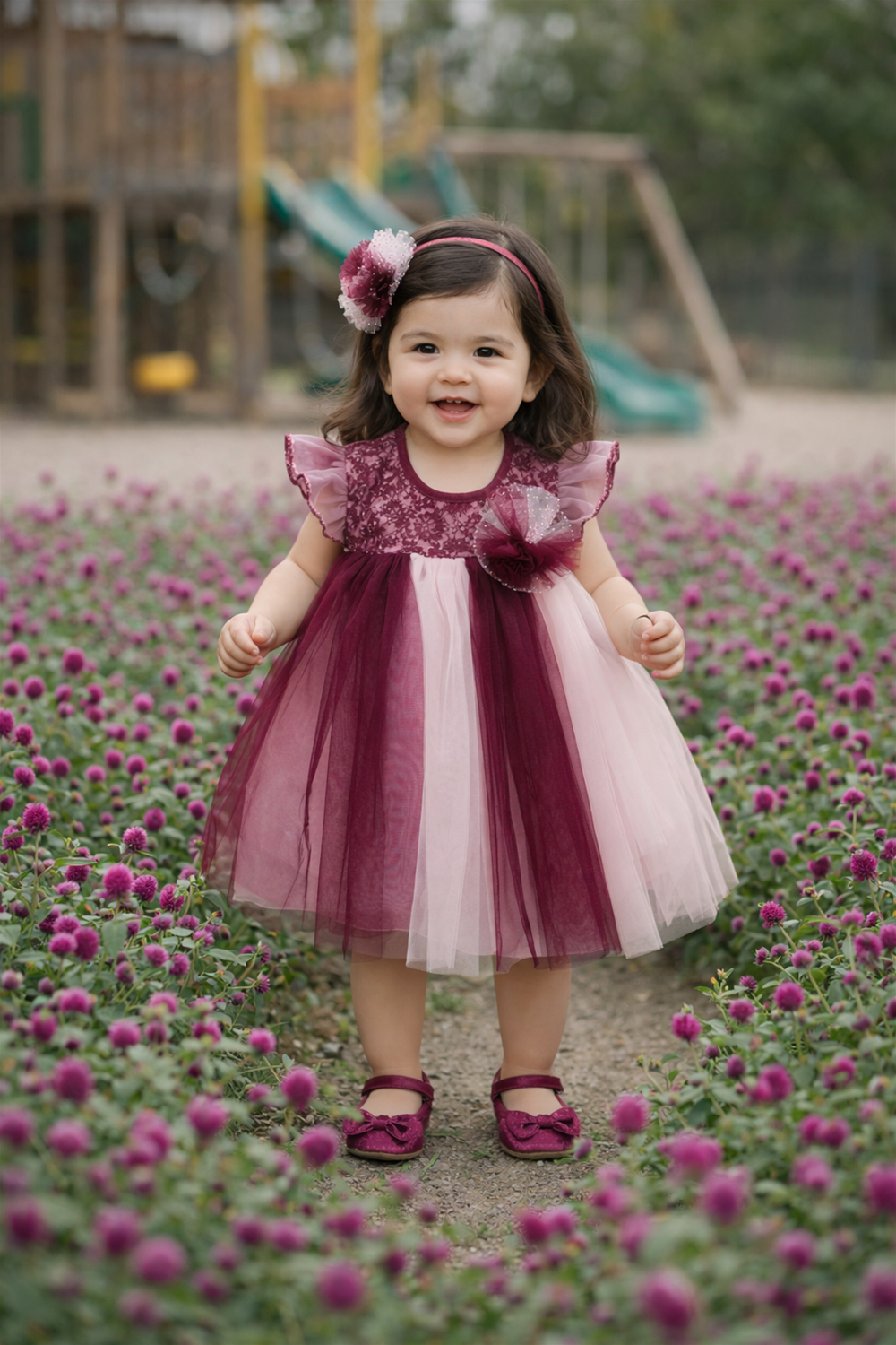 A baby girl wearing a pink dress with a multi-color net skirt and an alter neck, featuring shades of purple and pink.
