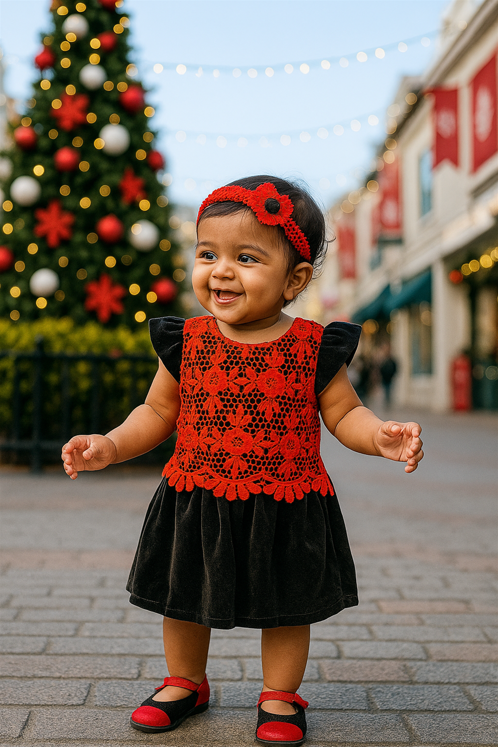 A baby girl wearing a red cut work dress with black velvet, smiling and standing in a red rose garden.