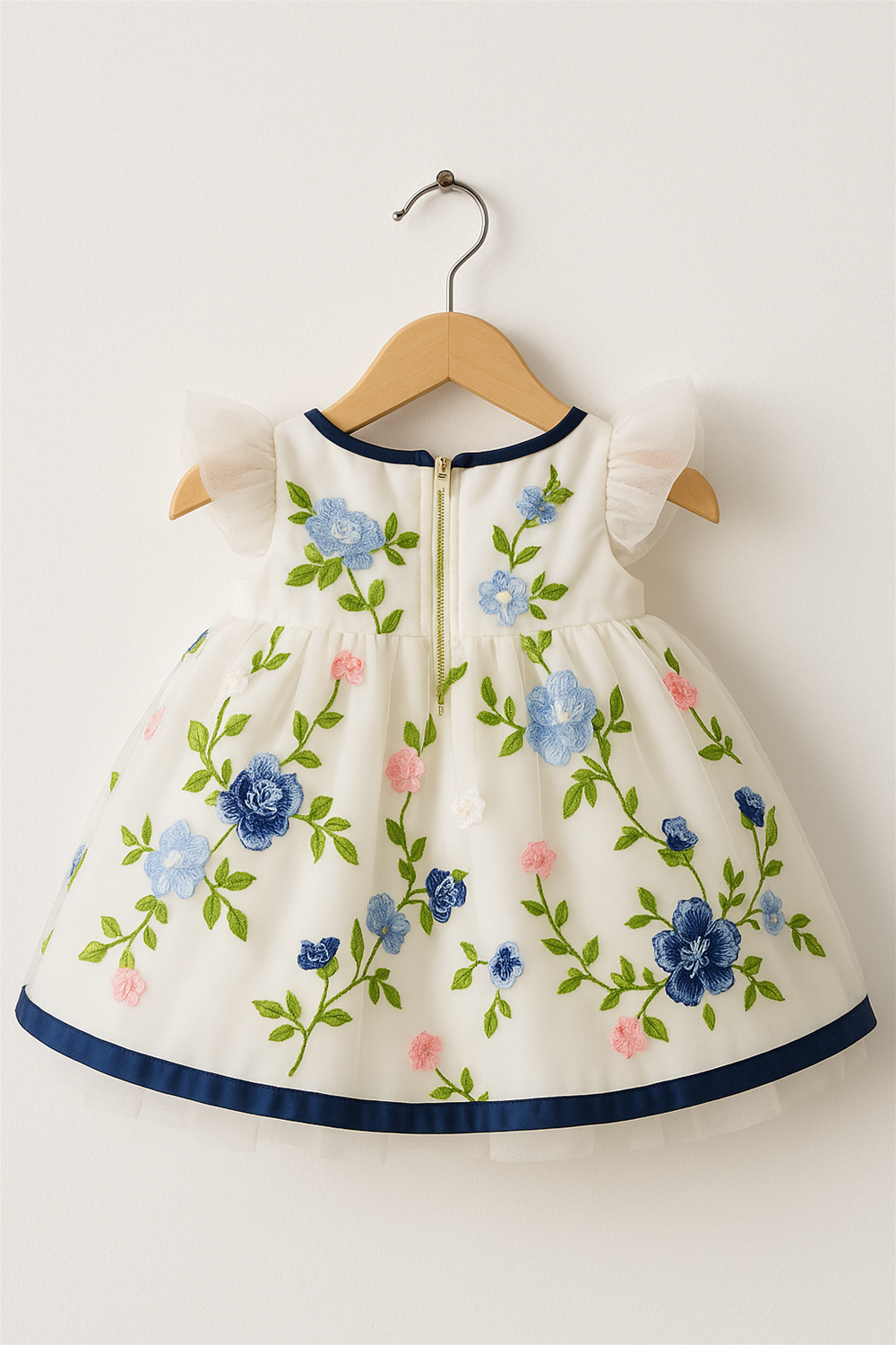 A white baby dress displayed on a wooden hanger, featuring colorful floral embroidery in blue, pink, and green with flutter sleeves. The back of the dress includes a gold zipper closure and a navy blue hemline for an elegant finish.