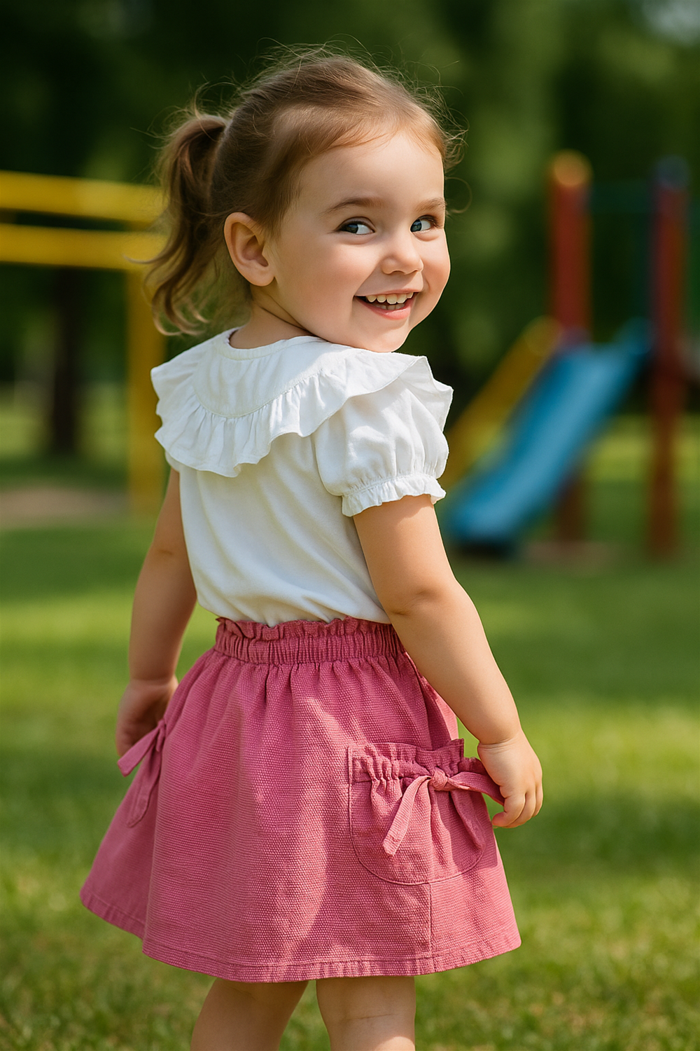 Smiling toddler in white ruffle-sleeve top and pink bow-pocket skirt, twirling playfully outdoors in a green park playground.