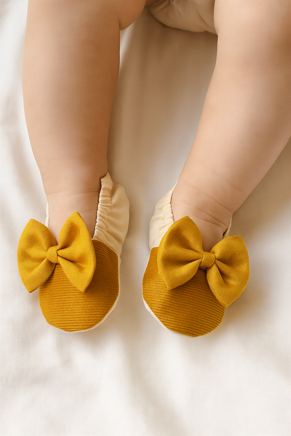 A baby wearing the same off-white and golden bow booties, with the shoes snugly fitted on the feet, photographed from above on a soft white surface.
