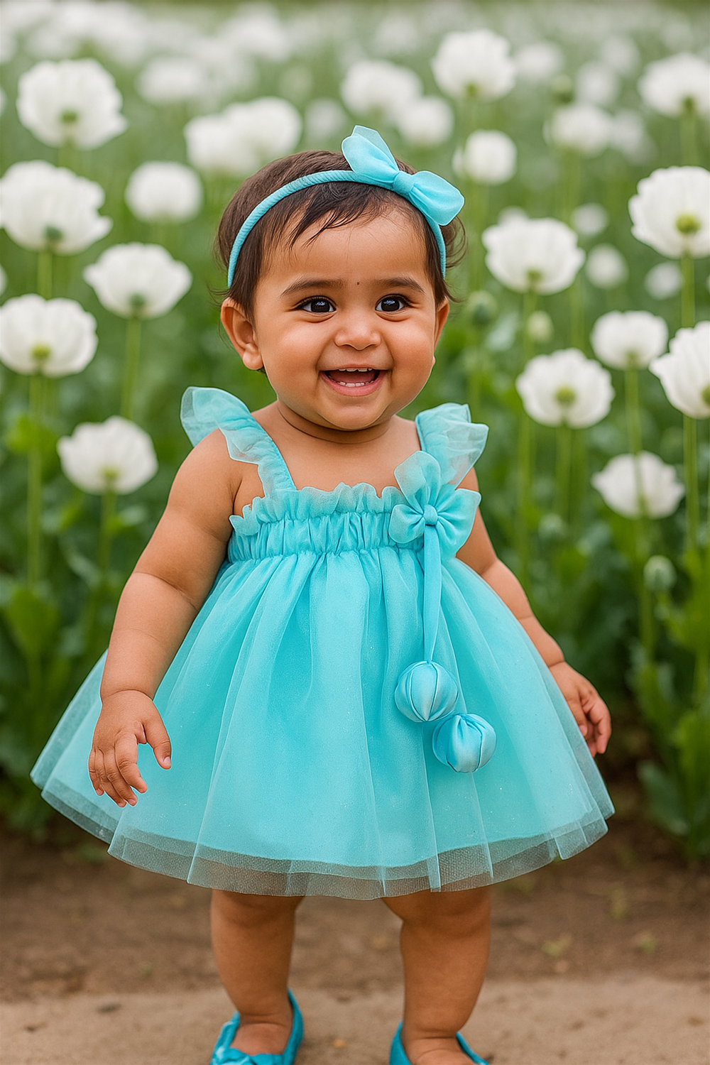 A smiling baby girl wearing a blue net frock with ruffle straps and floral ball accents, paired with a matching headband and shoes. She is standing outdoors in a garden filled with white flowers.