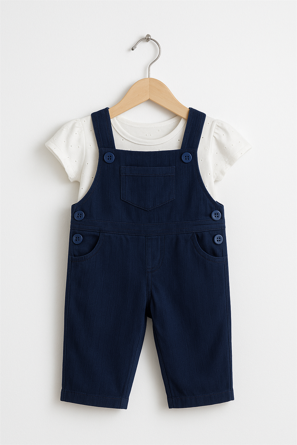 Navy-blue corduroy dungaree shorts with front pocket and side button details, paired with a white short-sleeve dotted top. Displayed on a wooden hanger against a plain white background.