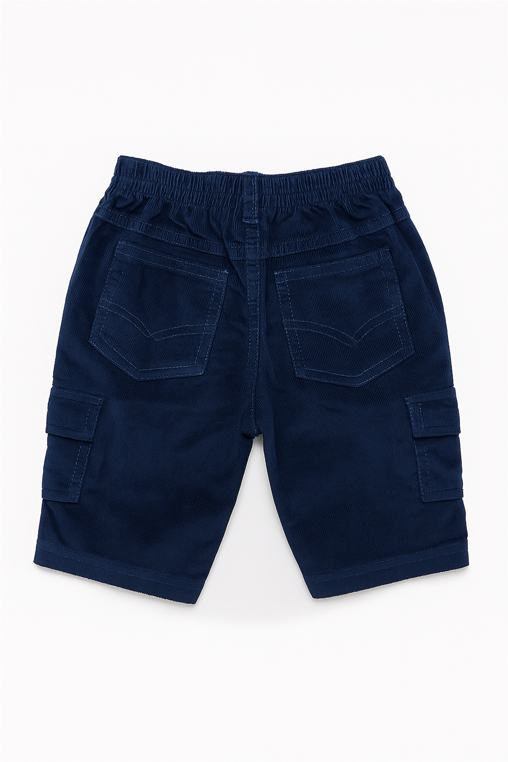 Navy blue corduroy boys' cargo shorts displayed flat on a white background. The shorts feature front scoop pockets, a button closure at the waist, belt loops, and flap cargo pockets with metallic button closures on both legs. The hems are clean and straight.