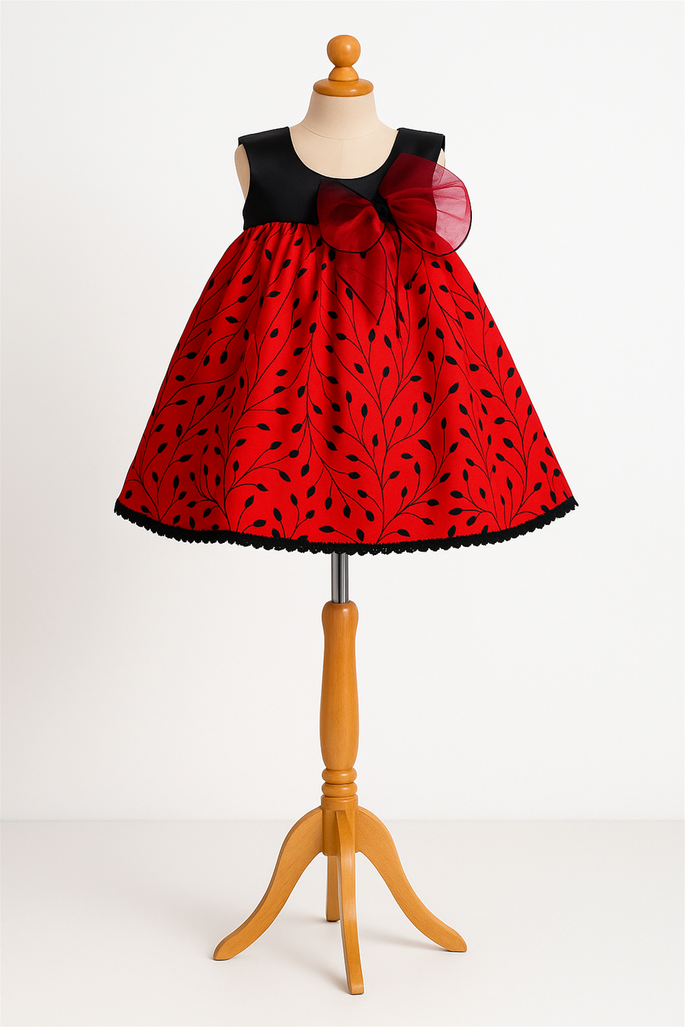 Elegant red and black dress adorned with a black bow, showcasing a chic design.
