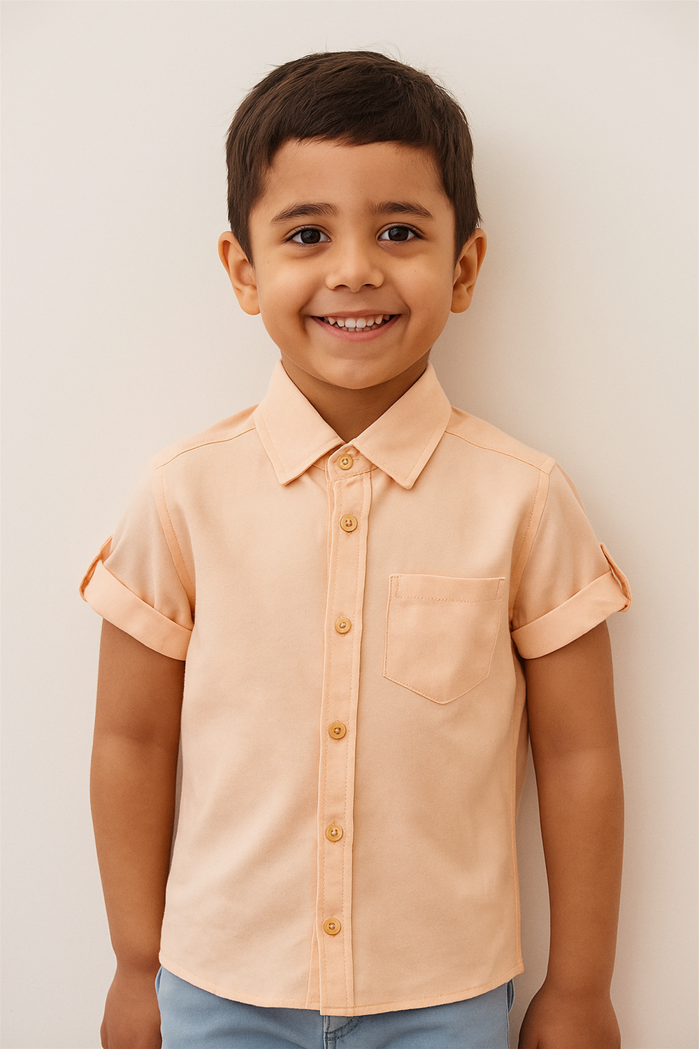 A young boy in a plain peach half-sleeve shirt stands smiling, showcasing a normal shirt collar.