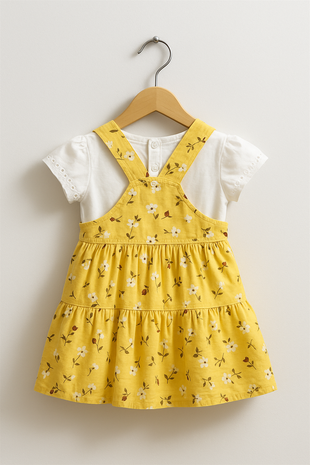 A bright yellow floral baby dress with cross-back straps is displayed on a wooden hanger against a soft white wall. It’s paired with a white puff-sleeve inner top, showcasing a charming and cheerful design ideal for summer outings.