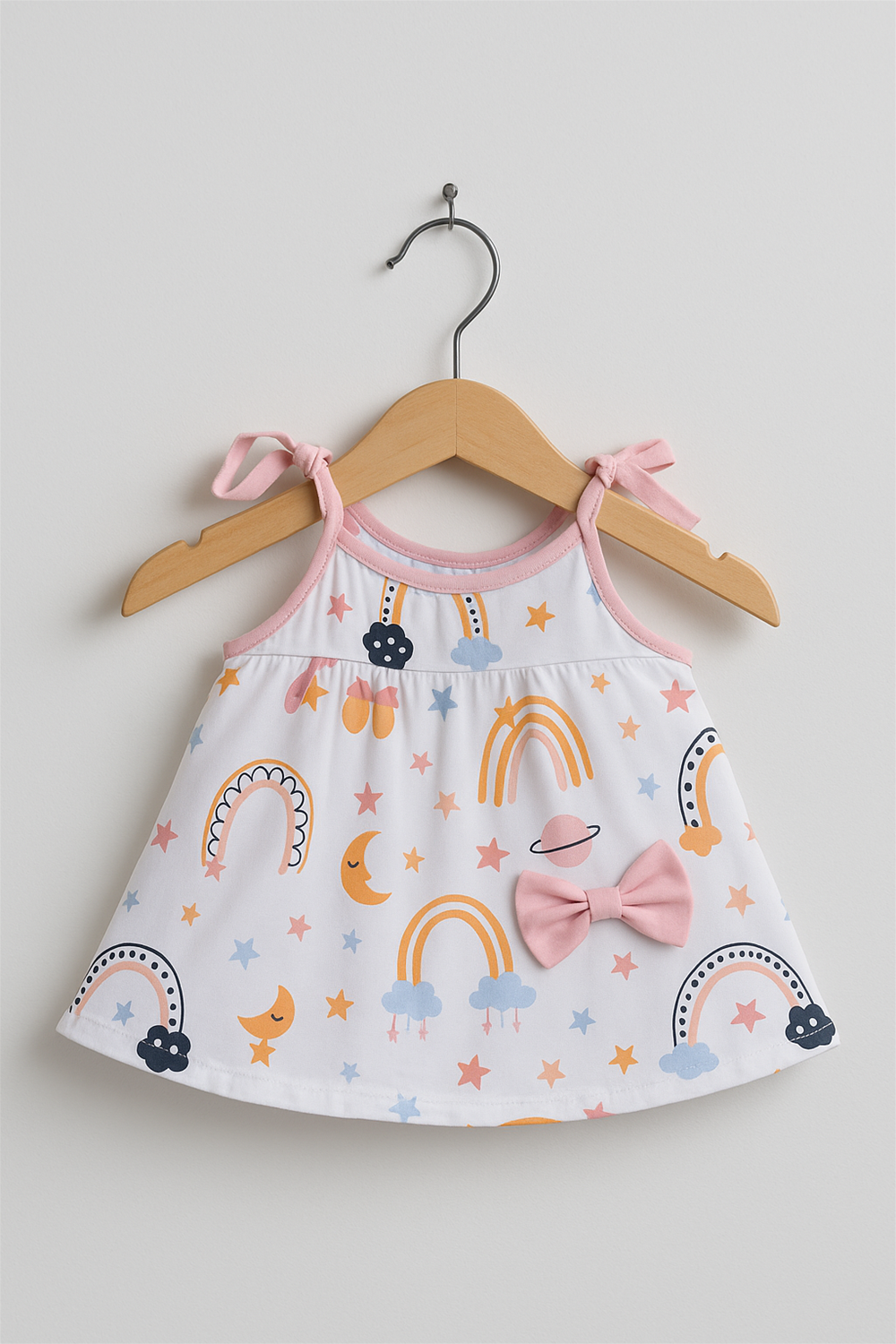 A sleeveless baby girl’s dress hangs on a wooden hanger, featuring a cheerful pastel rainbow and celestial print on a white background. The dress has pink tie-up shoulder straps and a cute pink bow detail on the front.