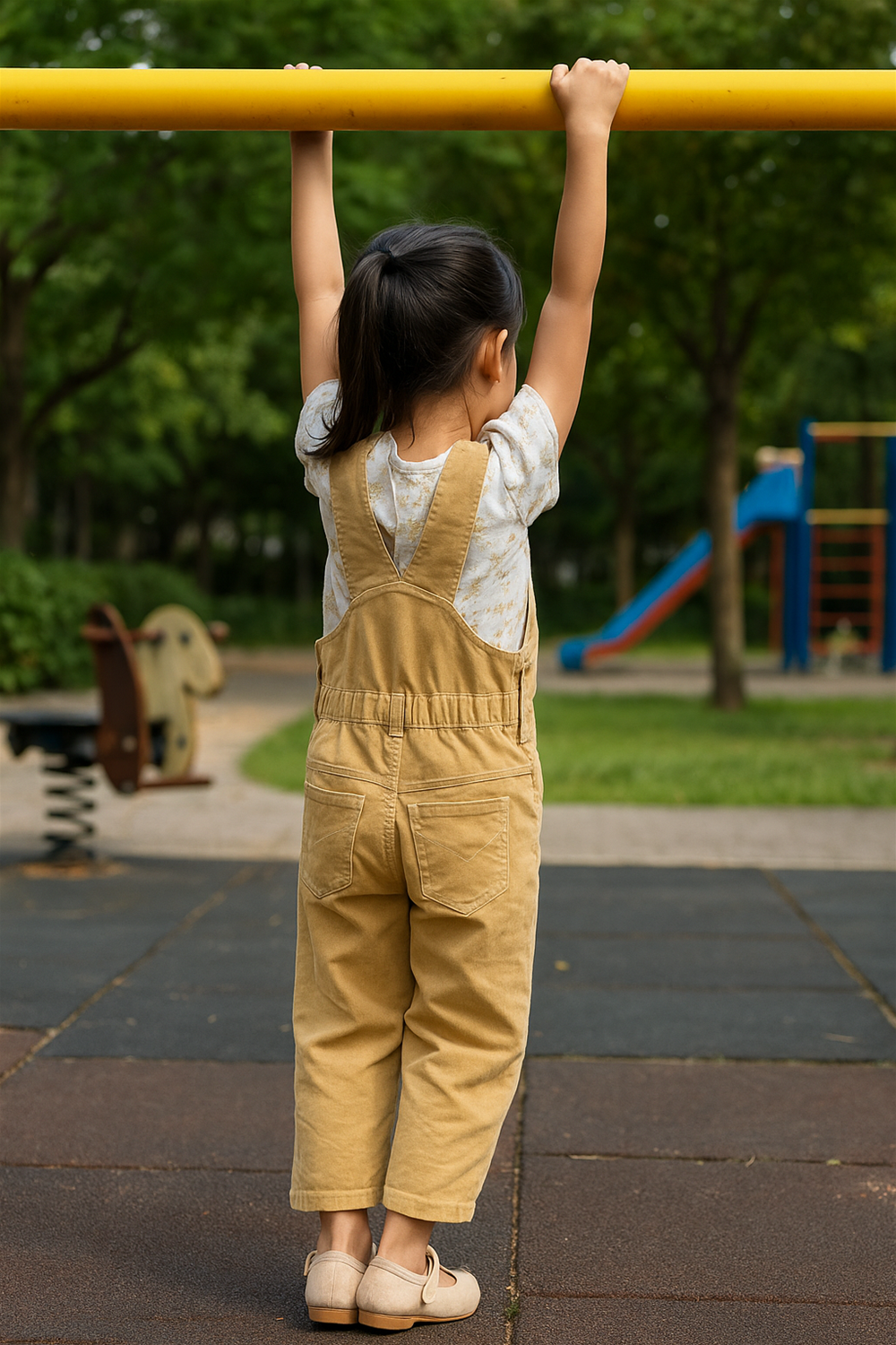 Girls Dungaree in Beige Corduroy with white and beige design inner