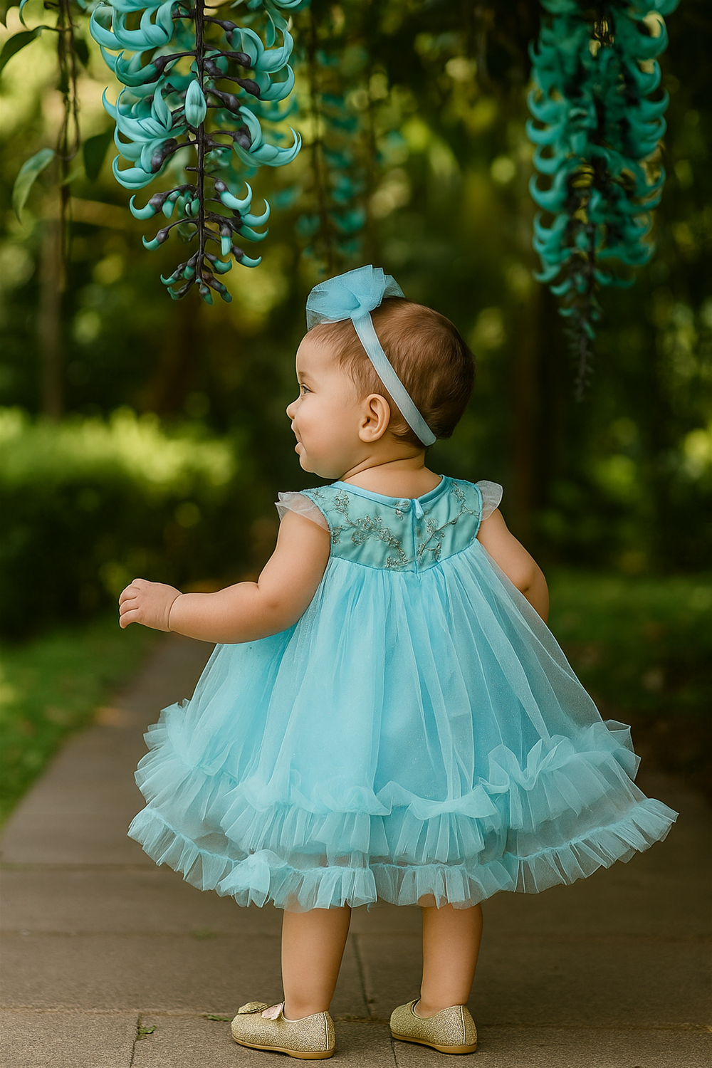 A baby wearing a sky-blue frock with layered frills and a matching headband, standing outdoors surrounded by lush greenery
