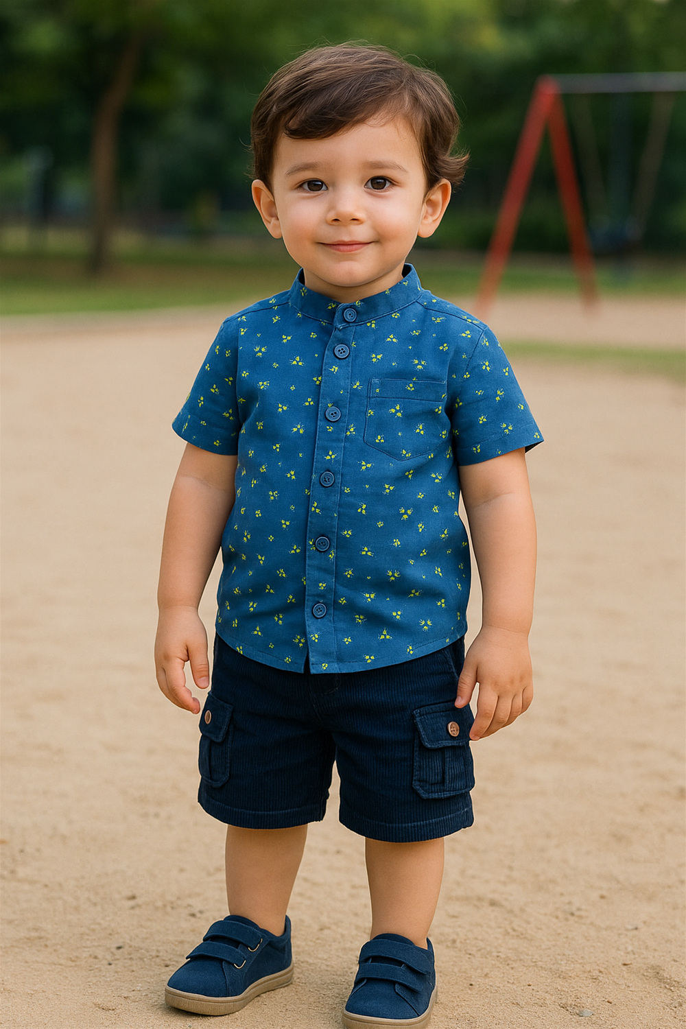 A toddler boy wearing a navy blue half-sleeve Chinese collar shirt with a small yellow floral print. The shirt is paired with navy shorts and shoes, and the child is standing in a playground setting.