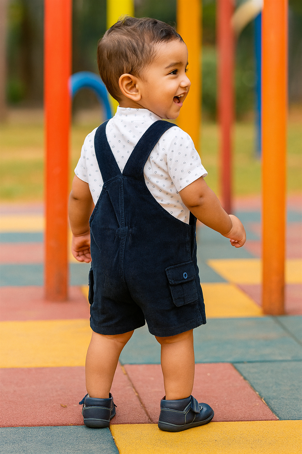 Backside navy blue dungaree outfit for toddlers with cross straps, elastic waistband, and buttoned flap pockets for practical style.