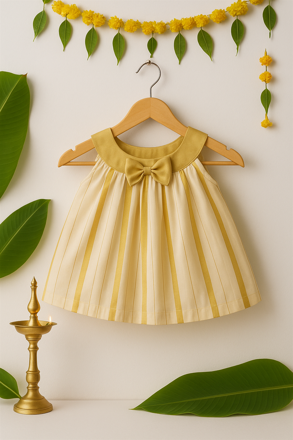 Dress on Wooden Hanger (front view): A cream and gold striped frock with a golden bow is displayed on a wooden hanger against a festive backdrop of garlands and brass lamps. Green leaves and soft lighting complete the cultural presentation.