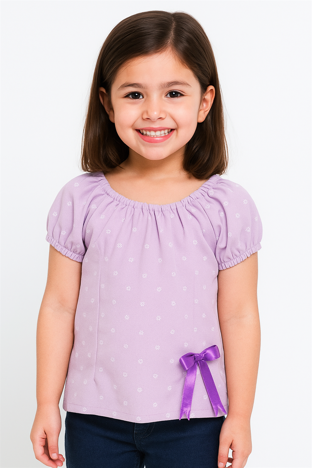 Smiling young girl wearing lavender puff sleeve embroidered top with elastic neckline and decorative bow at hem, paired with jeans.