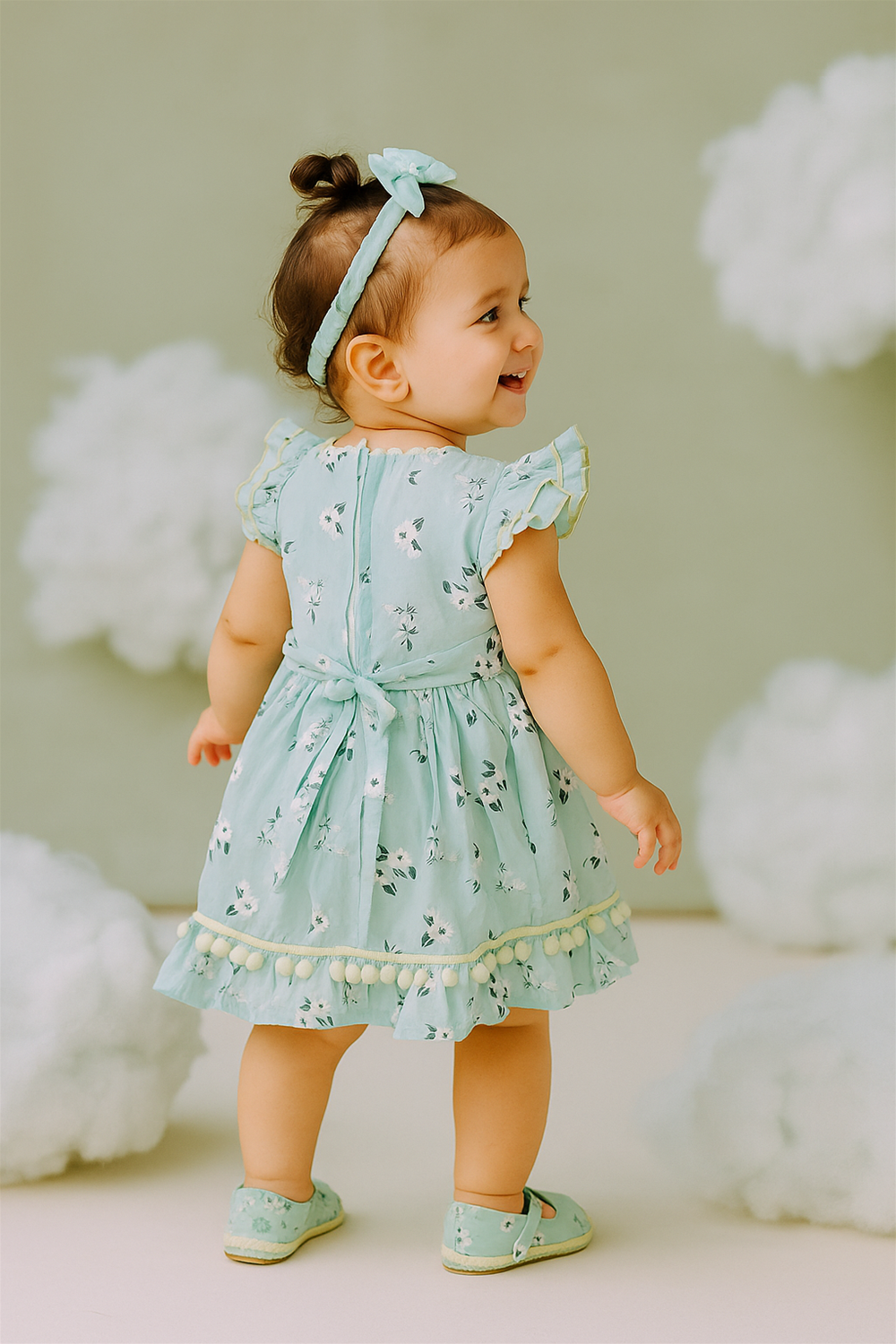 A baby girl stands joyfully with her back turned, wearing a mint green floral dress adorned with yellow pom-pom trim and a tied sash. Her look is completed with matching shoes and a bow headband, surrounded by soft white cloud decor.