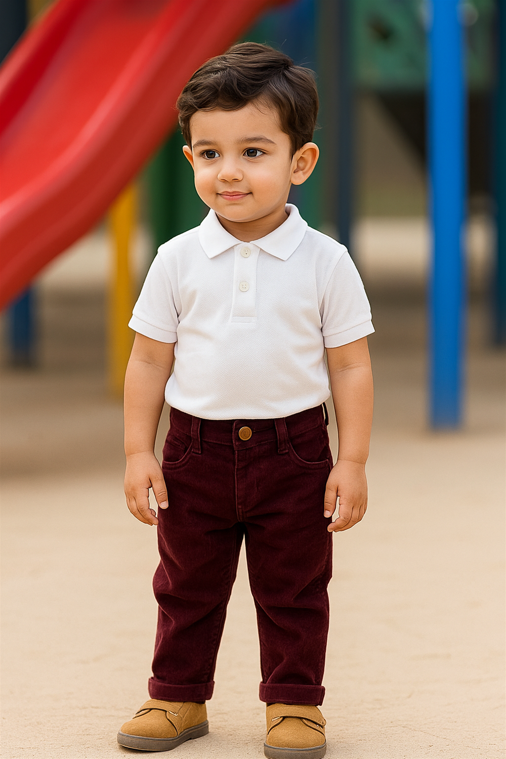 A young boy standing outdoors at a playground, dressed in a white polo shirt paired with maroon corduroy pants and tan slip-on shoes. The child has neatly styled hair and a pleasant expression, with colorful playground equipment visible in the blurred background.