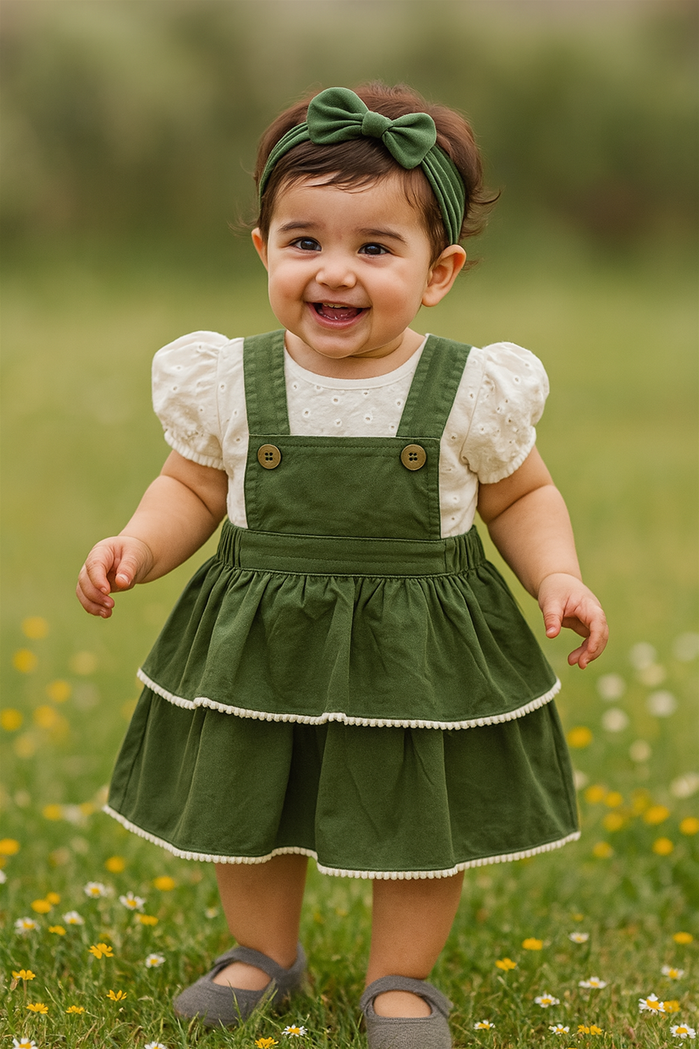 A baby girl wearing a green dress and a headband smiles at the camera.
