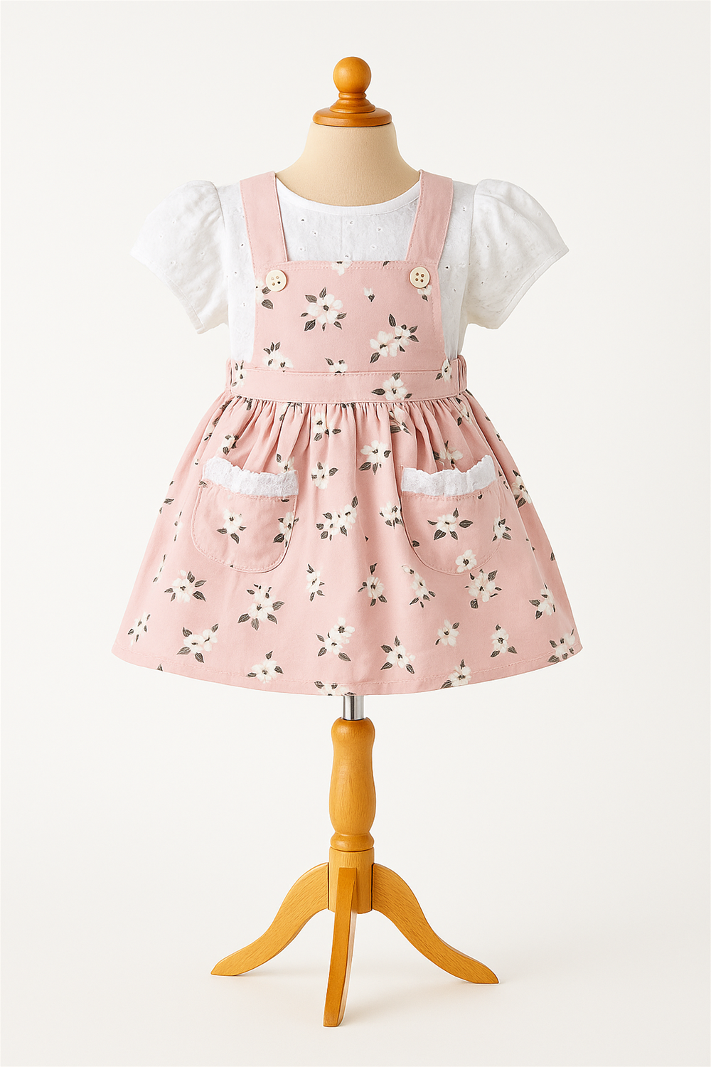 A baby girl's pink floral dress layered over a white shirt and white t-shirt, showcasing a cute and playful outfit.