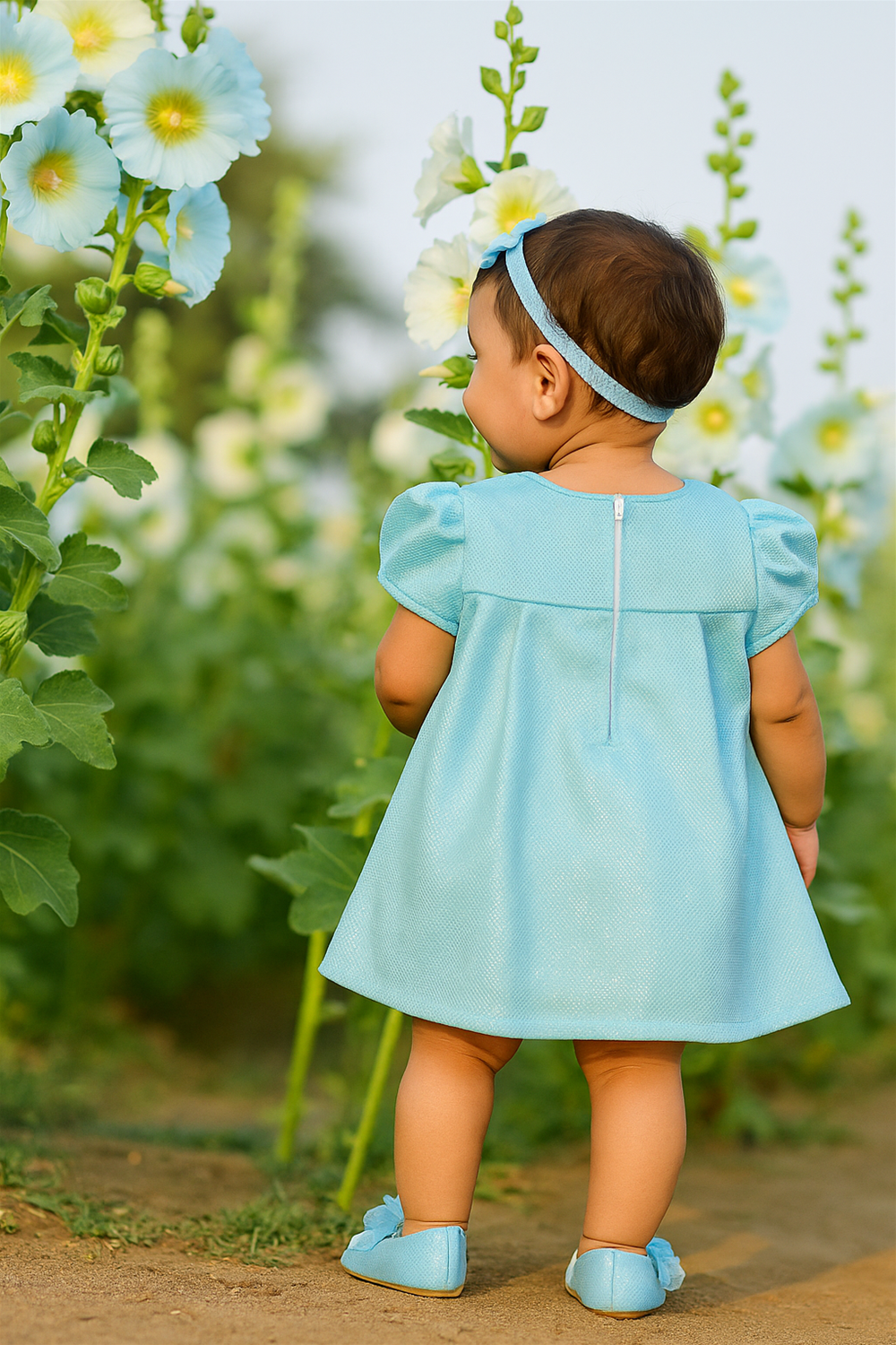 A baby girl in a sky blue dress party wear dress standing in a garden.