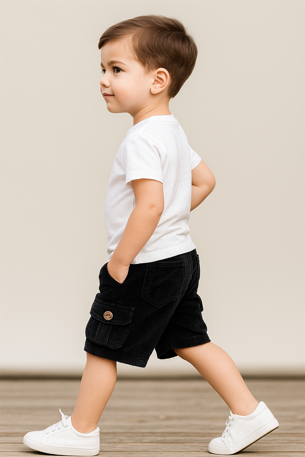 Black half pants with box side pockets and buttons., Ideal for casual wear.
