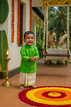 A smiling young boy in a bright green kurta and cream dhoti holds a plate of flower petals during Onam celebrations, standing barefoot near a floral rangoli. In the background, family members in traditional Kerala attire gather near the entrance of a decorated home.