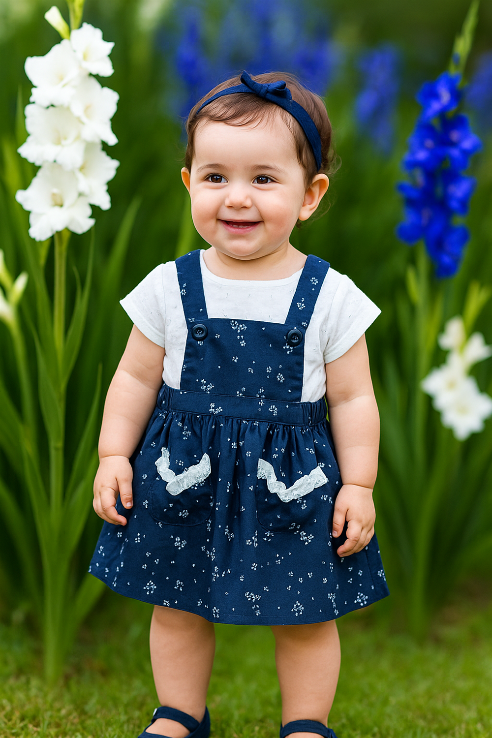A baby girl wearing a blue pinafore dress with a white inner and white shoes, smiling happily.
