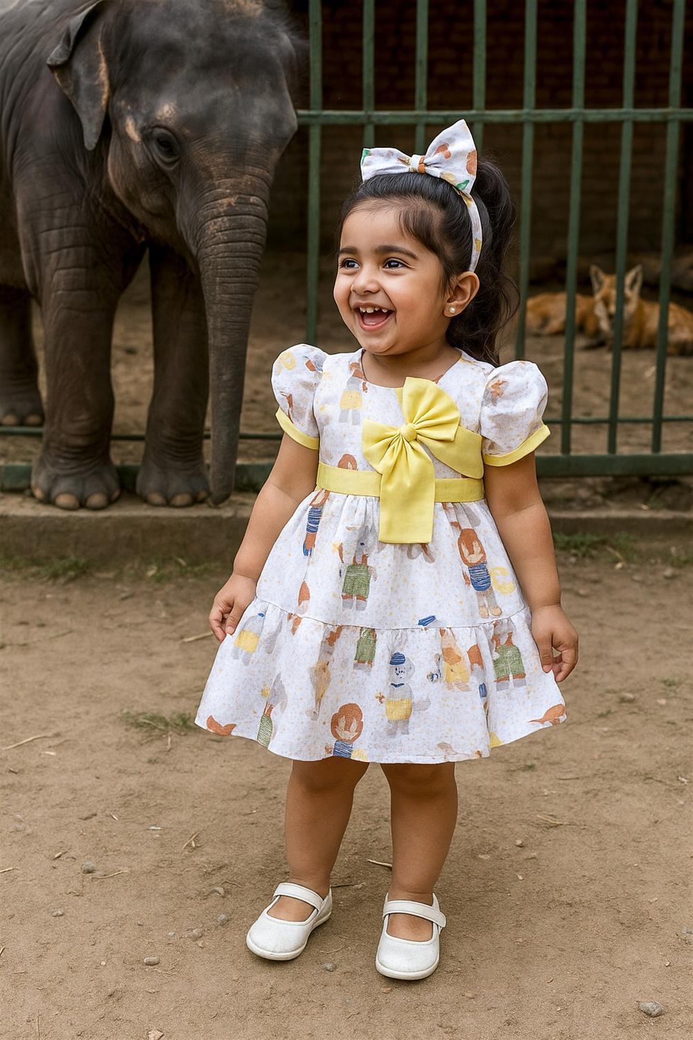  A baby girl in a colorful dress and shoes stands before a lion, embodying a sense of wonder and exploration.