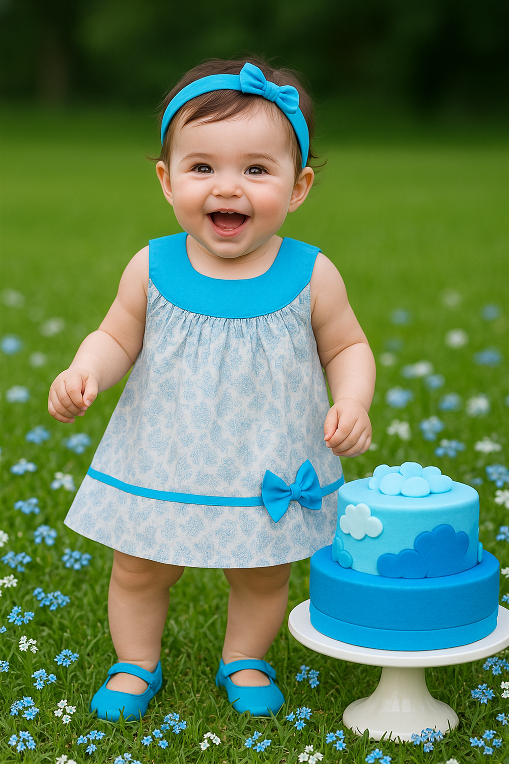 Happy baby girl in blue frock with bow and headband, standing next to tiered blue cake on grass.