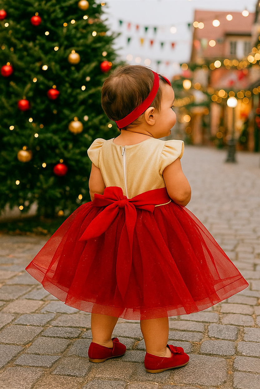 A close-up of a toddler’s party dress in gold and red hues, with soft tulle layers and satin rose embellishment.