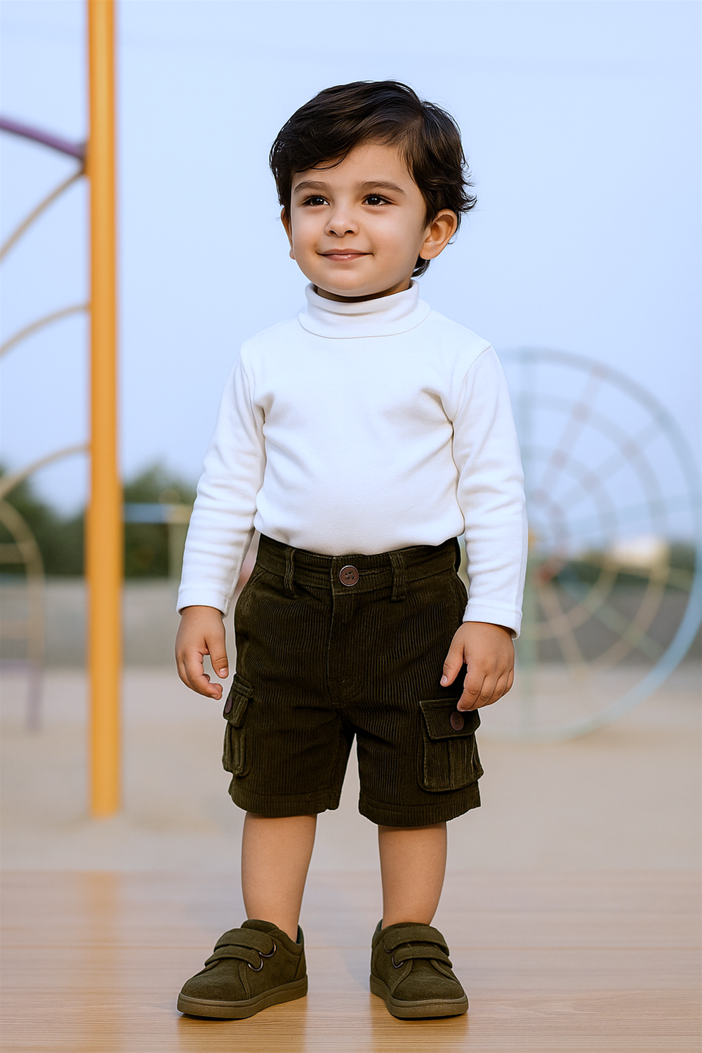 Dark Brown Corduroy with box side pockets and buttons., Ideal for casual wear.
