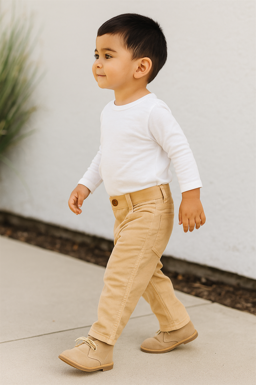 A toddler boy walking outdoors beside a white wall, dressed in a white long-sleeve shirt tucked into beige corduroy pants. He is wearing matching beige lace-up shoes. The child has short black hair and a gentle smile, captured in motion with natural light and soft shadows in the background.
