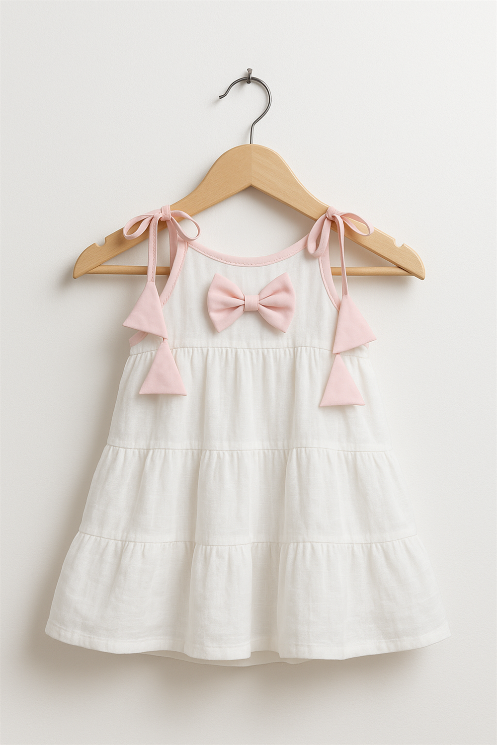 White cotton baby dress with pink shoulder ties and bow, displayed on a wooden hanger with natural light background.