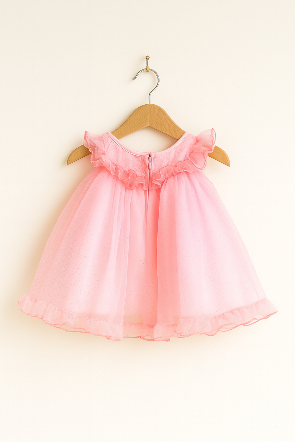 A pink dress with a net skirt, round neck, and back zip, hanging on a hanger.
